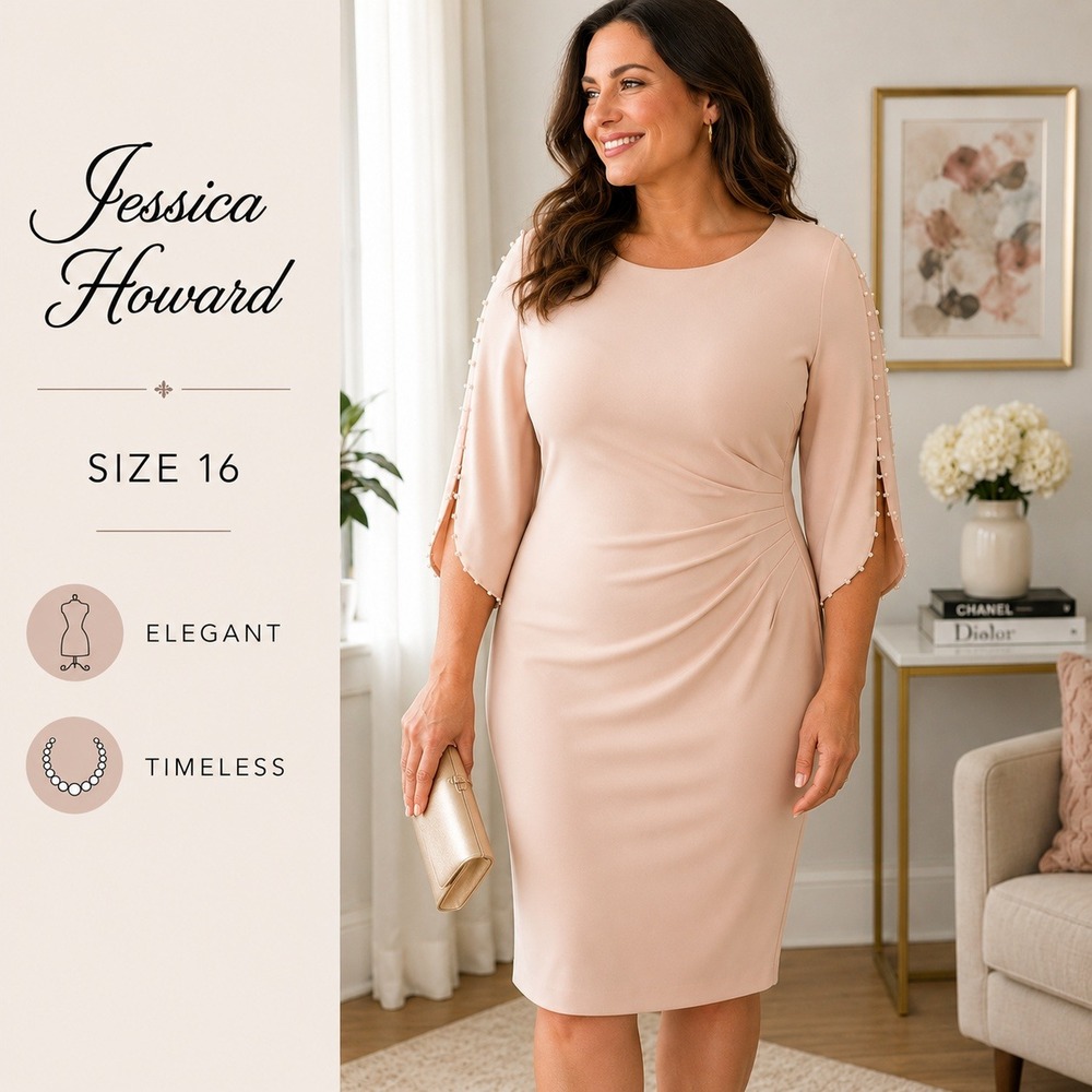 Jessica Howard Blush Pink Pearl-Trim Midi Sheath Dress - Picture 1 of 13